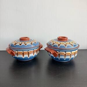 Vintage Bulgarian Redware Clay Pot Lid Traditional Folk Art Pottery Hand Painted